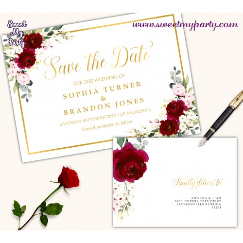 Burgundy Save the Date card printable template,Ivory Save the Date,(124)